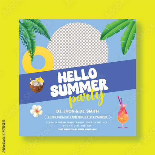Summer Beach Party Social Media Flyer Template, Editable Square Poster Layout, Tropical Vacation Elements, Pool Party Advertisement, Palm Leaves, Holiday Marketing, Online Sale Promotion, Web Banner