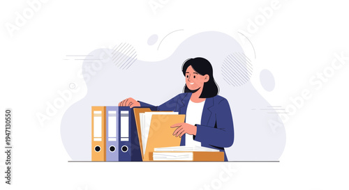 Woman organizing files in binders, business administration and data management concept