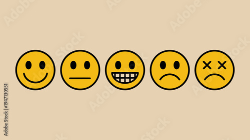 A row of five yellow emoticons displays a range of human emotions from happiness to sadness and disinterest high quality professional detailed modern elegant stylish clean
