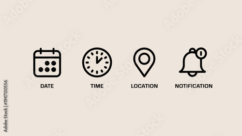 A minimalist graphic displays four simple line icons representing date time location and notification features high quality professional detailed modern elegant stylish clean crisp vibrant colorful