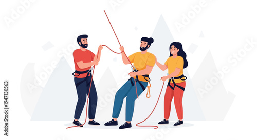 Teamwork in rock climbing: people with ropes and harnesses on a mountain background