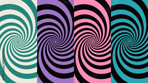 A vibrant symmetrical composition features four spiraling patterns in distinct color schemes teal purple pink and cyan high quality professional detailed modern elegant stylish clean crisp