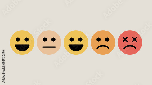 A row of five circular emoticons displays a range of emotions from happiness to sadness and frustration high quality professional detailed modern elegant stylish clean crisp