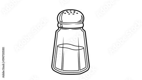 Clean black and white outline of a glass salt shaker with a metal top and holes for seasoning food during cooking or at the dinner table.