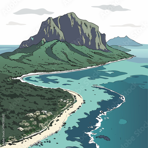 A mountainous island with a sandy beach and blue waters