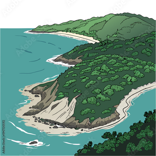 A small island with a sandy beach and green trees