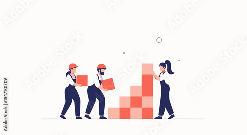 Teamwork building success steps, people constructing progress graph with blocks