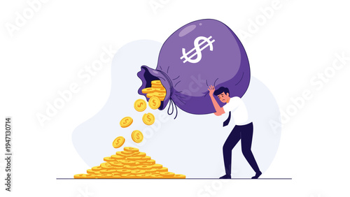 Business man struggling to carry a heavy purple bag of money that is leaking golden coins from a hole for financial concept.