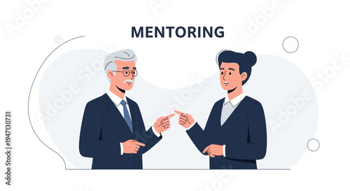 Mentoring concept: experienced businessman guiding younger colleague, pointing fingers