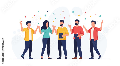 Diverse Team Celebrating Success with Confetti and High Fives
