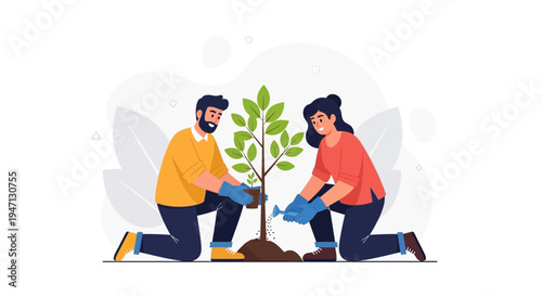 Couple Planting a Tree Together, Gardening, Environmental Care, Sustainable Lifestyle