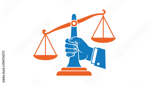 Blue and orange graphic showing a human hand firmly holding the scales of justice to represent law order fairness and legal authority.