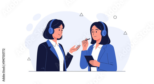 Two women in headphones discussing business, one taking notes