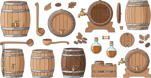 Wooden barrels and brewing equipment collection with taps ladles bottles and oak leaves rustic winery brewery storage containers vector illustration set