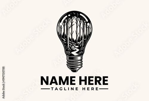 A black and white illustration of a lightbulb with a cage-like filament, accompanied by placeholder text for a name and tagline on a beige background, in a graphic design style.