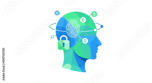 Biometric Security and Digital Privacy Concept. Human Head Profile with Fingerprint ID, Padlock, and Neural Network Data Protection.