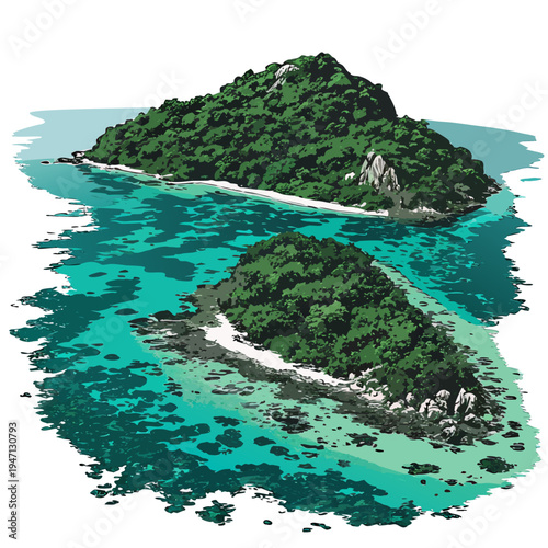 Two small islands with lush green trees and white sandy beaches