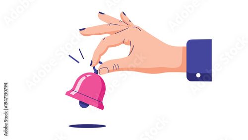 Businessman in a navy blue suit sleeve ringing a small pink handbell to represent a call for attention service or a successful achievement.