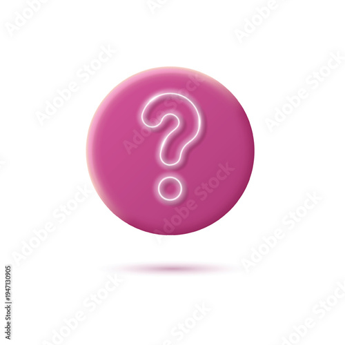 3D pink question mark icon. Glowing neon faq symbol in circle. Help and support validation sign vector illustration