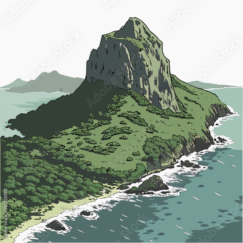 A large green island with a mountain in the ocean