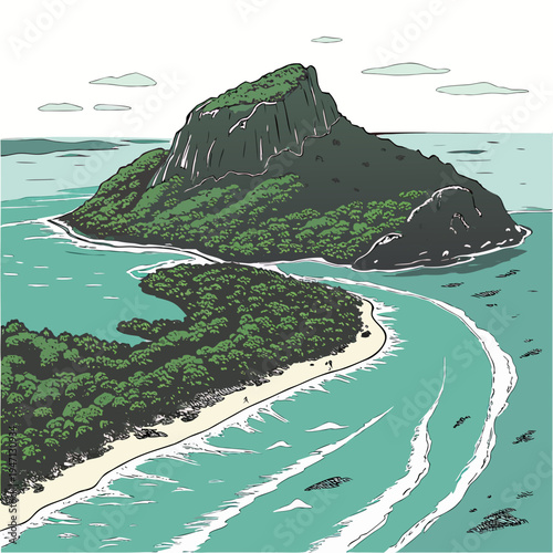 A scenic island with lush greenery and sandy beach