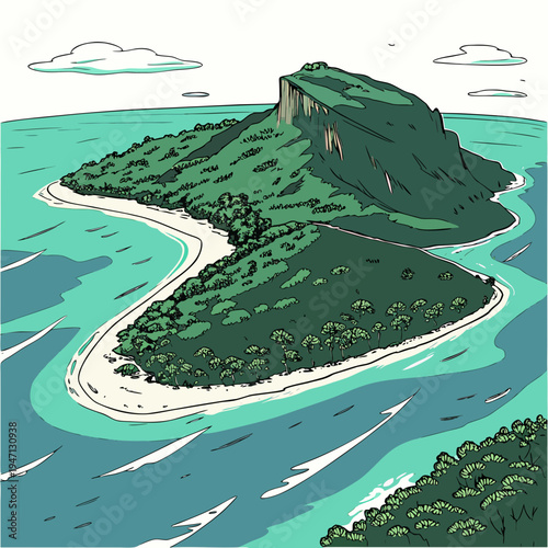 A small island with a sandy beach and lush greenery