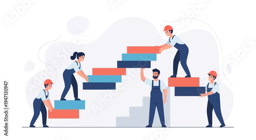 Teamwork building stairs, construction workers collaborating on project, teamwork concept