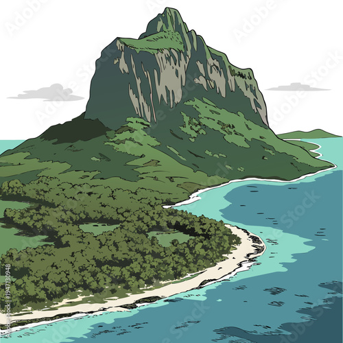 A large green island with a mountain in the middle of the ocean