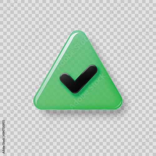 Check mark 3d glass icon. Green transparent triangle with black tick symbol. Glassmorphism success and approved sign vector