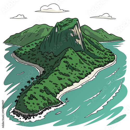 A green island with a large mountain