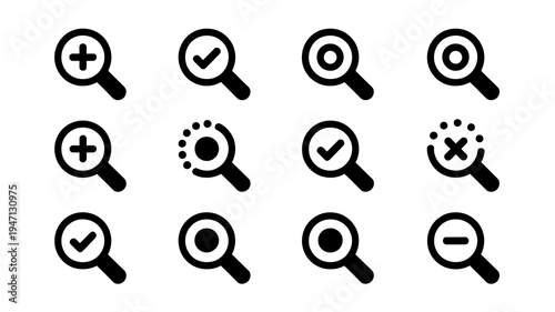 A collection of black magnifying glass icons depicts various search and inspection states including plus check and minus symbols high quality professional detailed modern elegant stylish