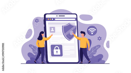 Two young people protecting personal data on a giant smartphone with a security shield and a padlock for cyber protection.