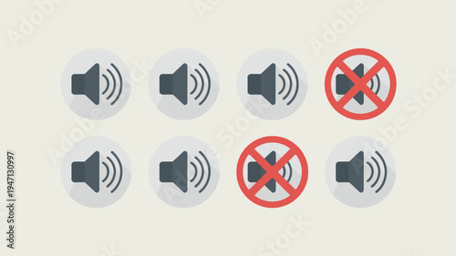 A series of circular icons depicts sound volume controls with some muted and others active illustrating audio settings options high quality professional detailed modern elegant stylish