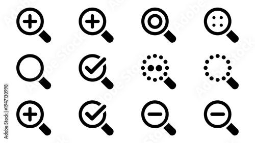A collection of black magnifying glass icons with varying internal symbols including plus signs check marks and dotted patterns high quality professional detailed modern elegant stylish