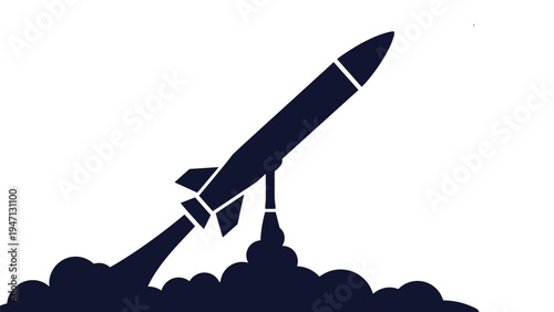 Simple silhouette of a rocket launching into the sky with a massive smoke cloud at the base representing startup and growth.