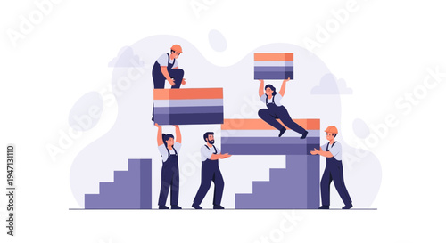 Teamwork building blocks, construction workers collaborating on project, teamwork concept