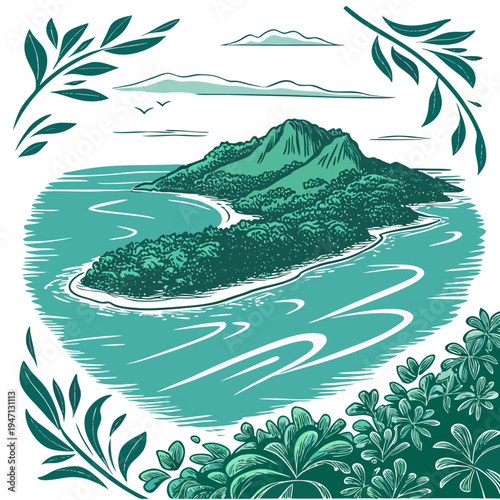 A serene island with lush greenery surrounded by turquoise water