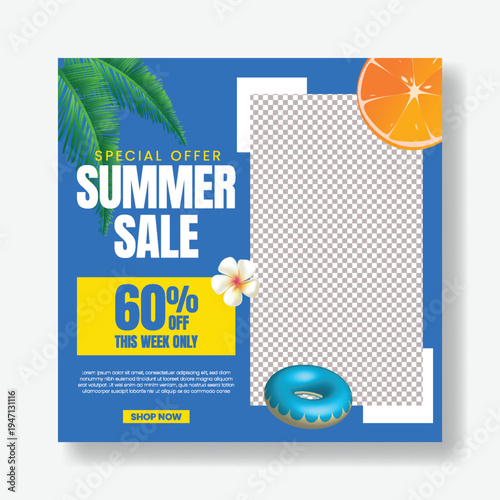 Summer Sale Social Media Banner Template Design for Pool Party Beach Flyer Poster Summer Vacation Promotional Ads Website Banner Tropical Background Marketing