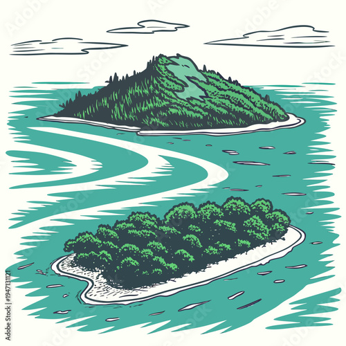 Two small islands with lush green trees and white sand beaches