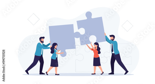 Teamwork assembling puzzle pieces, business collaboration concept, diverse people working together