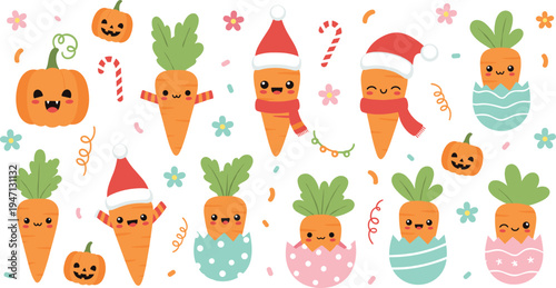 Cute carrot holiday characters collection with Christmas Santa hats Halloween pumpkins candy canes and Easter eggs adorable cartoon vegetable festive vector illustration set