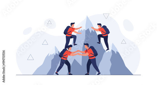 Teamwork climbing mountain, helping each other reach summit, success, collaboration concept