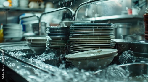 Water Splashing on Stacked Dishes in a Commercial Kitchen Sink.