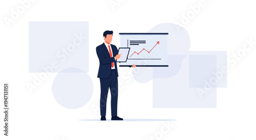 Businessman presenting growth chart on whiteboard with tablet in hand, modern office background