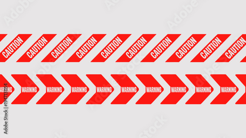 Tableau sur toile A repeating pattern of red and white caution tape and warning signs is displayed