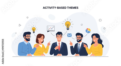 Teamwork and Brainstorming: Business People Discussing Ideas with Lightbulbs and Charts