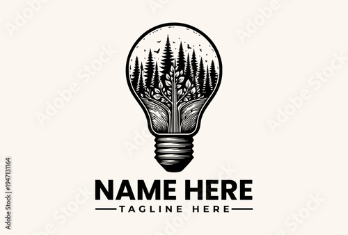 Black and white illustration of a lightbulb with a forest inside, logo template with placeholder text on a beige background.