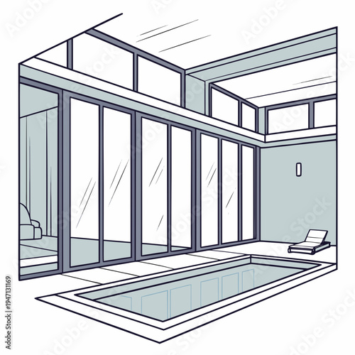 A modern indoor swimming pool with large windows