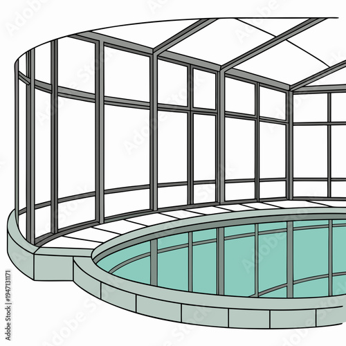 A large round pool with a glass conservatory