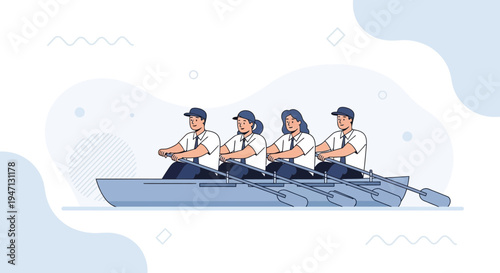 Team Rowing Together in Sync, Business Collaboration and Success Concept